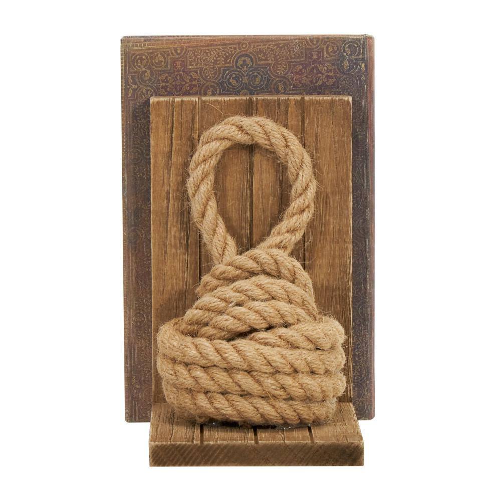 Litton Lane Brown Wood Rope Knot Bookends with Distressed L-Shaped Stands (Set of 2)