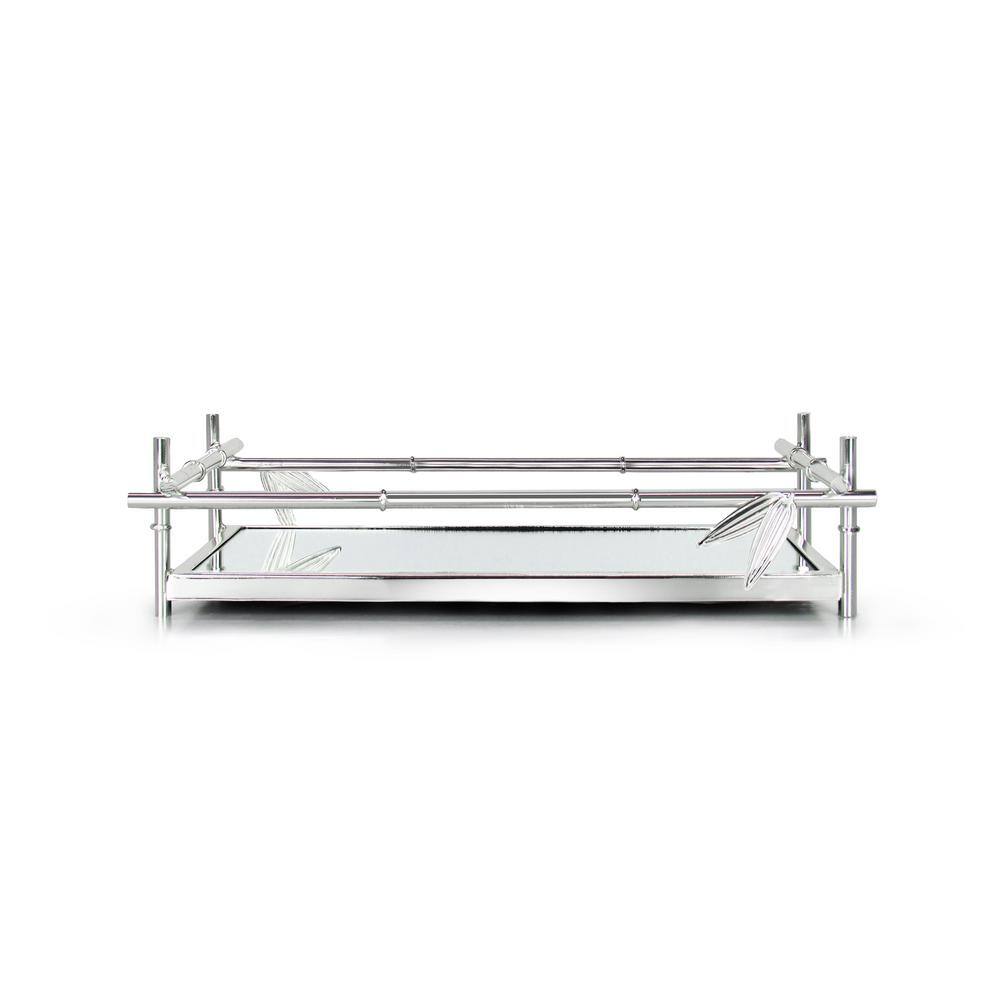 None 12 in. Bamboo Style Rectangle Metal Mirror Silver Decorative Tray
