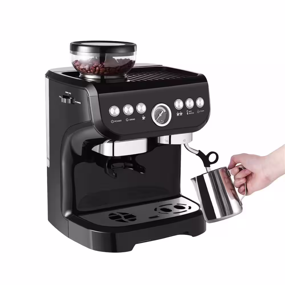 None 10 Cup Black Drip Espresso Machine Coffee Maker with Build in grinder, Automatic off, Milk Froth