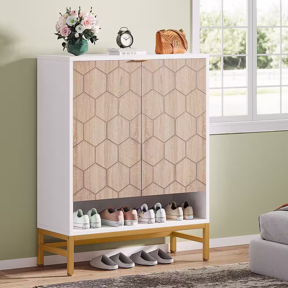 TRIBESIGNS WAY TO ORIGIN 43.3 in. H x 31.5 in. W White Wood Shoe Storage Cabinet with Adjustable Shelves