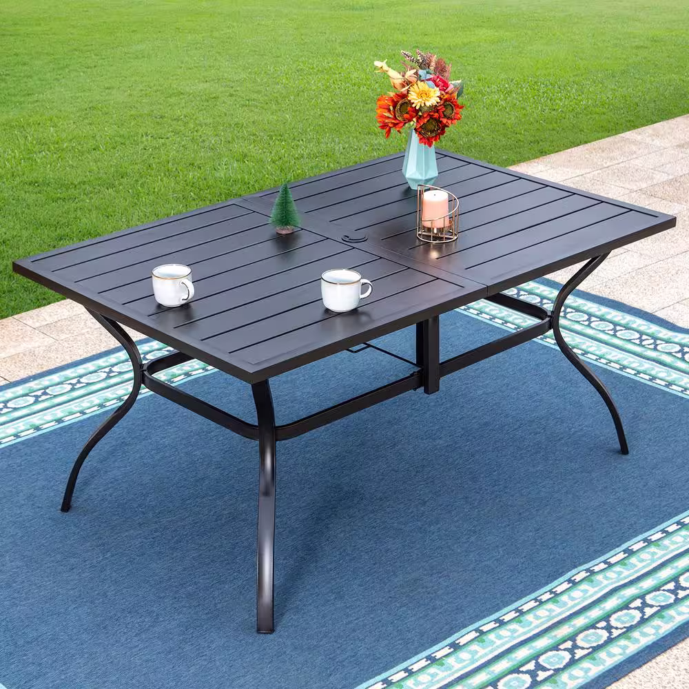 None Black 8-Piece Metal Rectangle Outdoor Patio Dining Set with Slat Table, Umbrella, Fashion Stackable Chairs