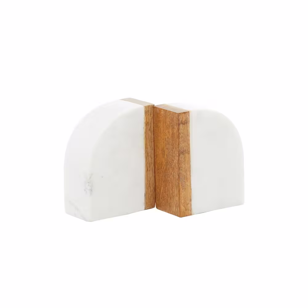 Litton Lane White Marble Bookends with Wood Details (Set of 2)