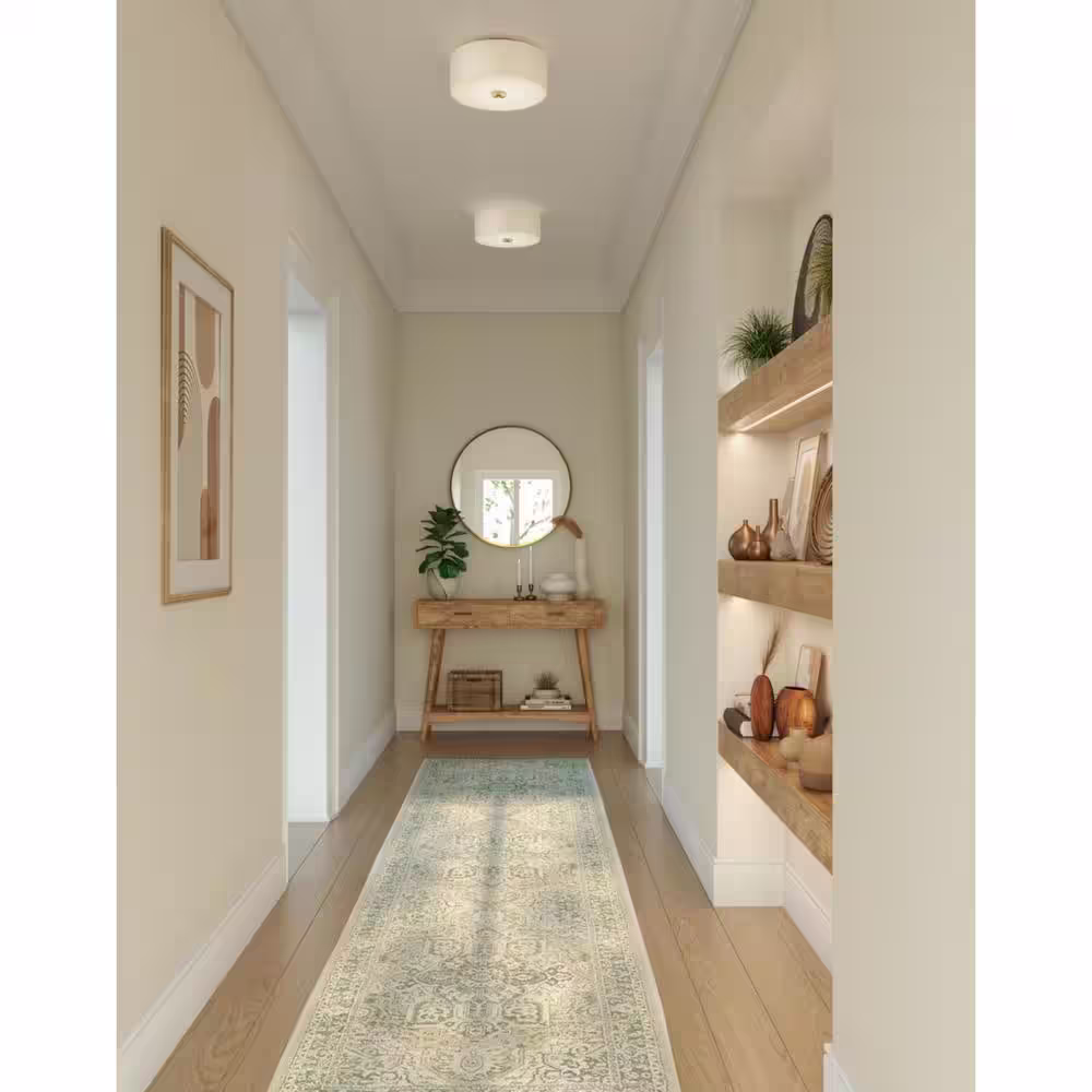 Progress Lighting Inspire Collection 2-Light Satin Brass Summer Linen Shade Transitional Kitchen Ceiling Light Drum Flush Mount