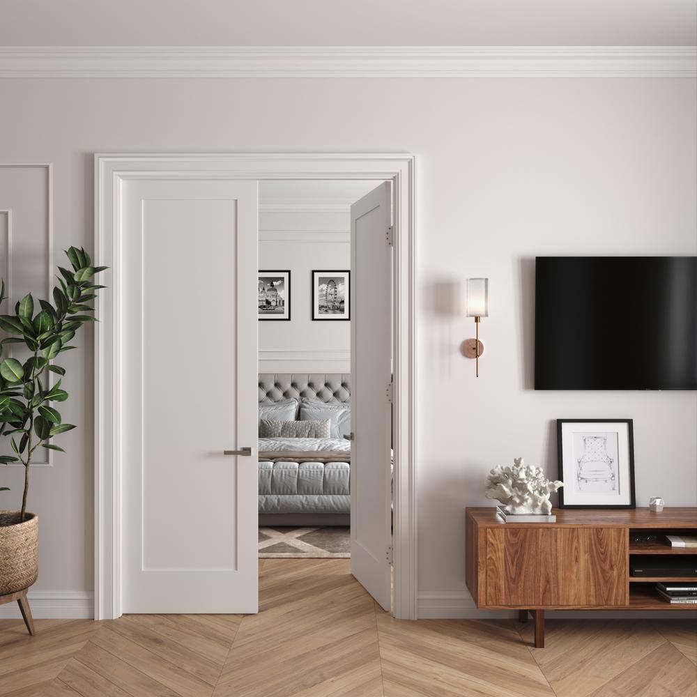RESO 44 In. x 96 In.Bi-Parting Solid Core Primed White Composite Double Pre-hung French Door Catch Ball Oil Bronze Hinges