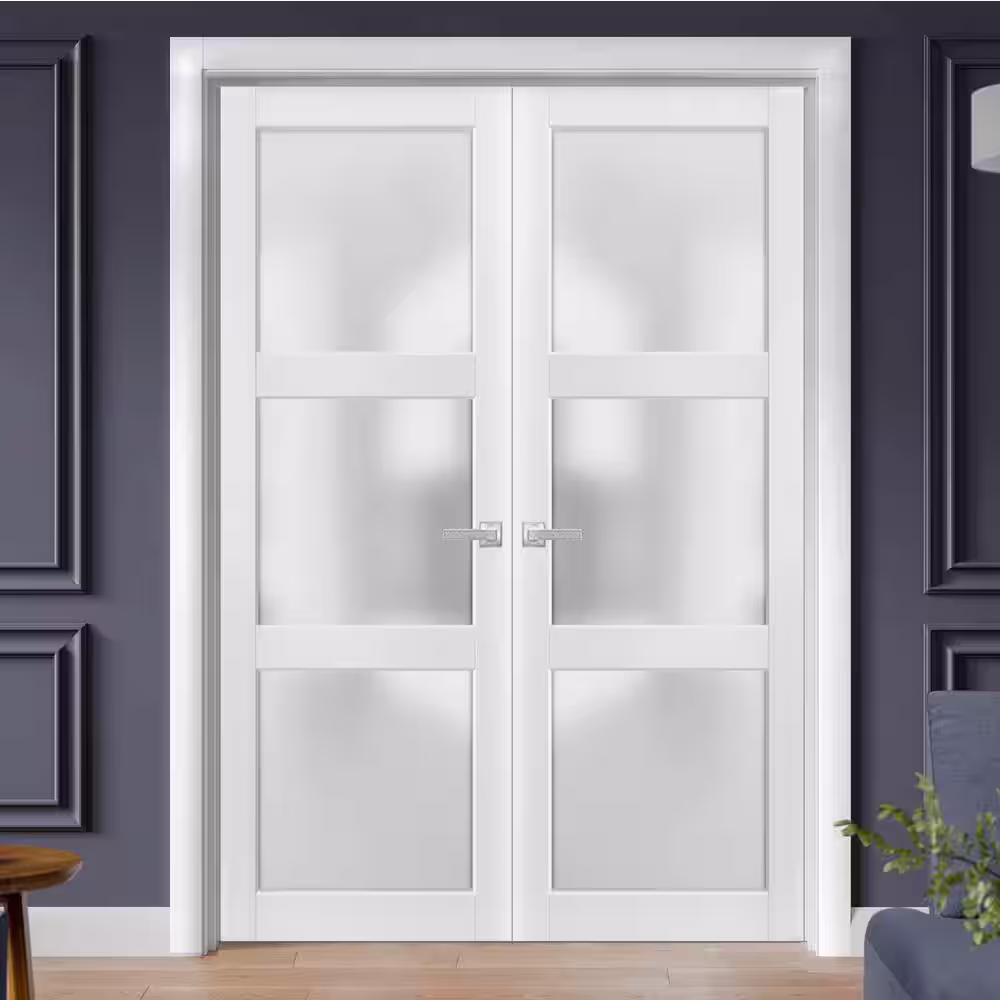 Sartodoors 2552 60 in. x 96 in. Universal Handling 3-Lite Frosted Glass Solid White Finished Pine Wood Interior Door Slab