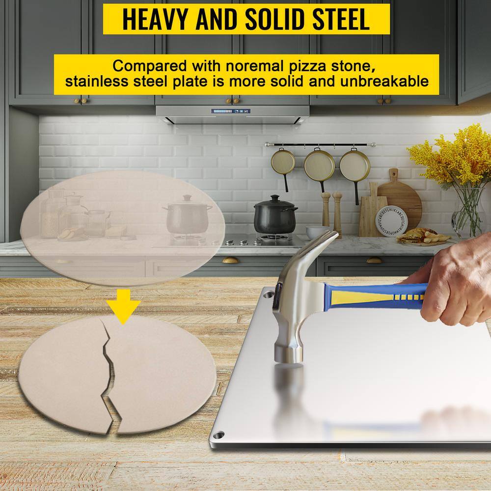 VEVOR Steel Pizza Plate 14 in. x 14 in. x 0.4 in. High-Performance Square Pizza Pan with Wheel Cutter for Grill, Silver