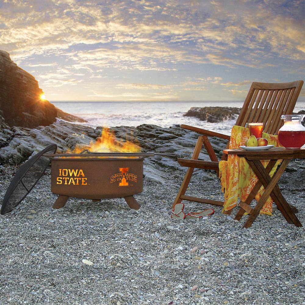 None Iowa State 29 in. x 18 in. Round Steel Wood Burning Rust Fire Pit with Grill Poker Spark Screen and Cover