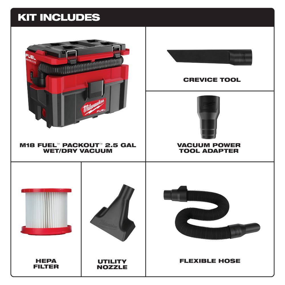 Milwaukee M18 FUEL PACKOUT 18-Volt Lithium-Ion Cordless 2.5 Gal. Wet/Dry Vacuum and M18 5.0 Ah Lithium-Ion XC Battery Pack