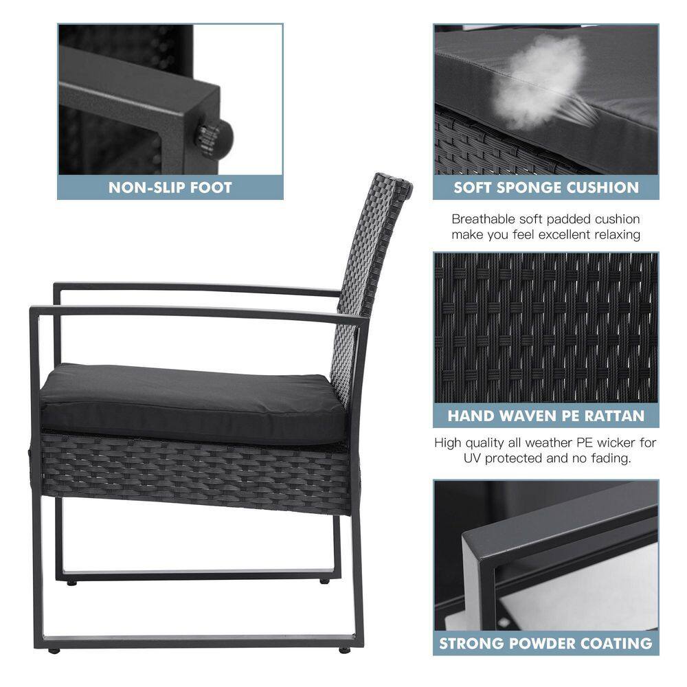 None Black 3-Piece Wicker Outdoor Bistro Patio Sets with Coffee Table Rattan Chair Conversation Sets with Black Cushions