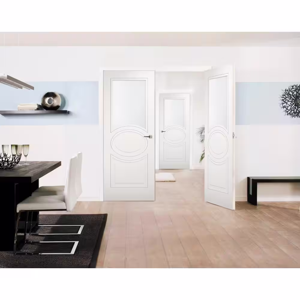VDOMDOORS 7012 60 in. x 80 in. Universal Handling 1/2-Lite Frosted Glass Solid White Finished Pine MDF Double Prehung French Door