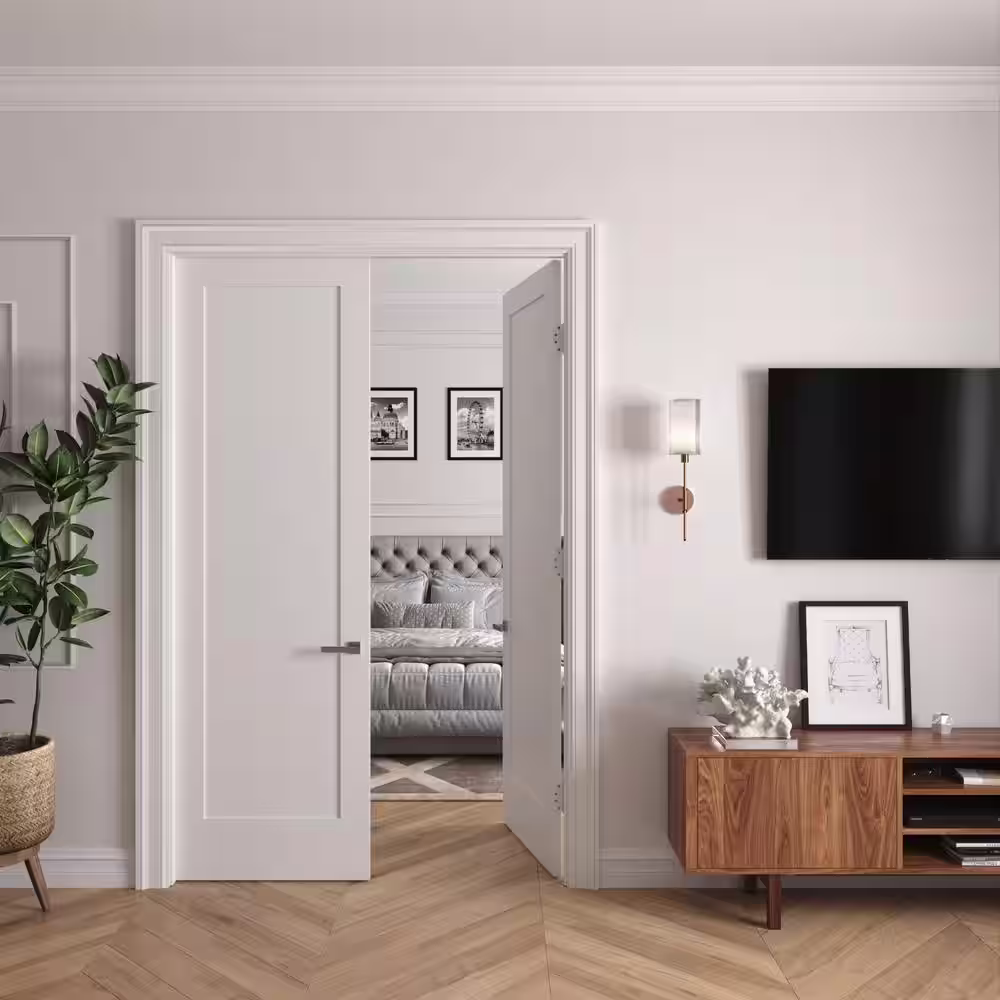 RESO 64 In. x 96 In.Bi-Parting Solid Core Primed White Composite Double Pre-hung French DoorCatch Ball Chrome Hinges