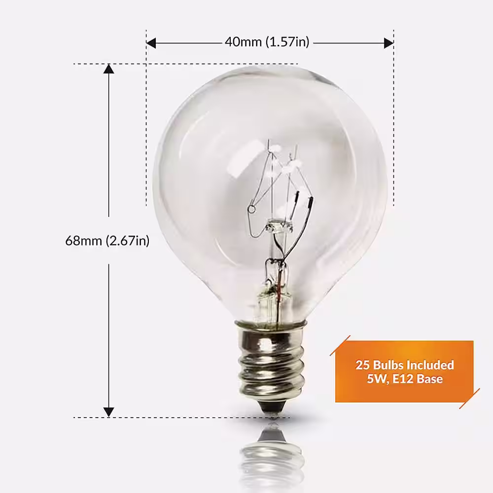 Newhouse Lighting Indoor/Outdoor 5-Watt Globe E12 Incandescent Light Bulb, Weatherproof G40 Replacement Party String Light Bulb (25-Pack)