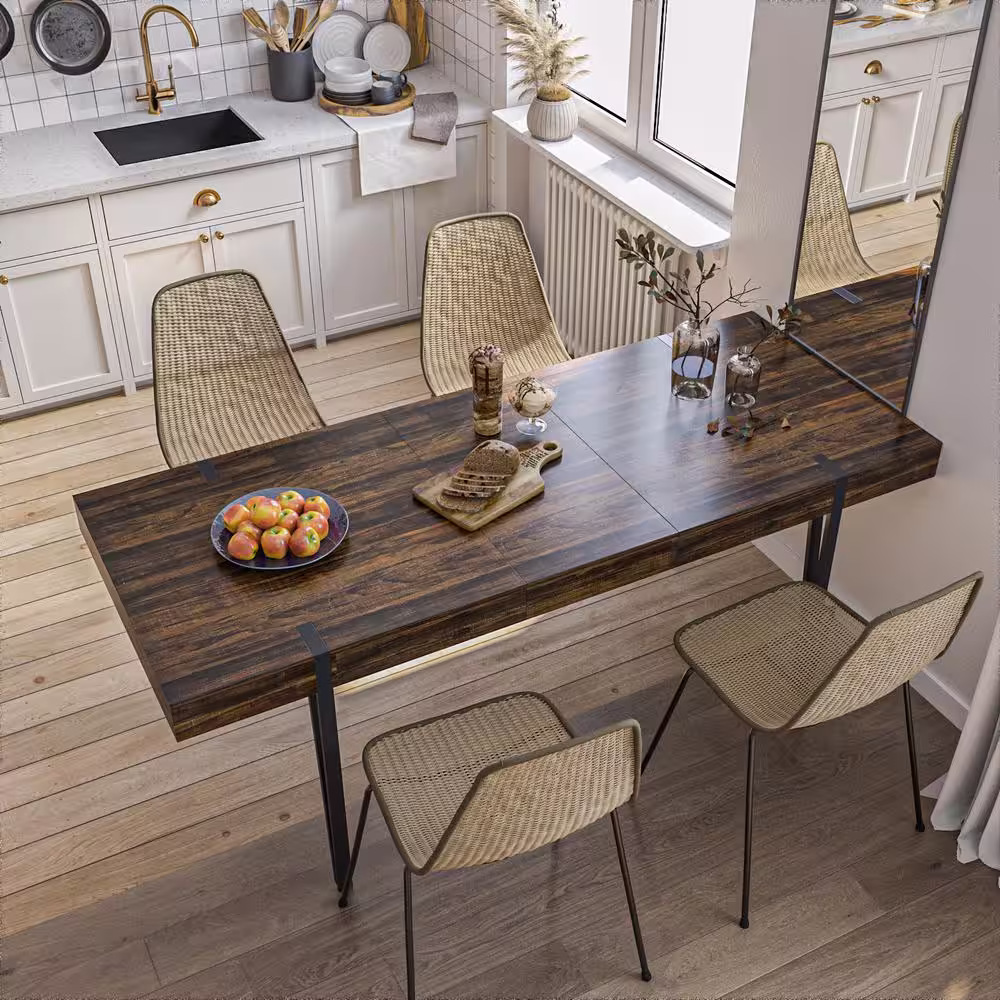 None Brown Walnut Grain Wood 78.7 in. W Extendable 4 Legs Dining Table, Meeting Table Seat 6+