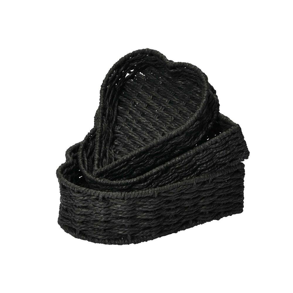 HOUSEHOLD ESSENTIALS Black Heart Shaped Hand-Woven Paper Rope Nesting Decorative Baskets (Set of 3)