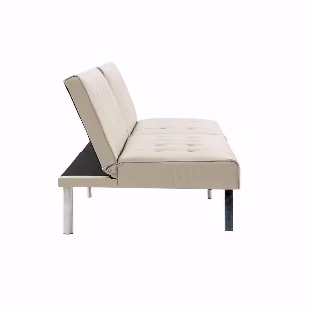 HOMESTOCK Cream, Faux Leather Tufted Split Back Futon Sofa Bed, Couch Bed, Futon Convertible Sofa Bed with Metal Legs
