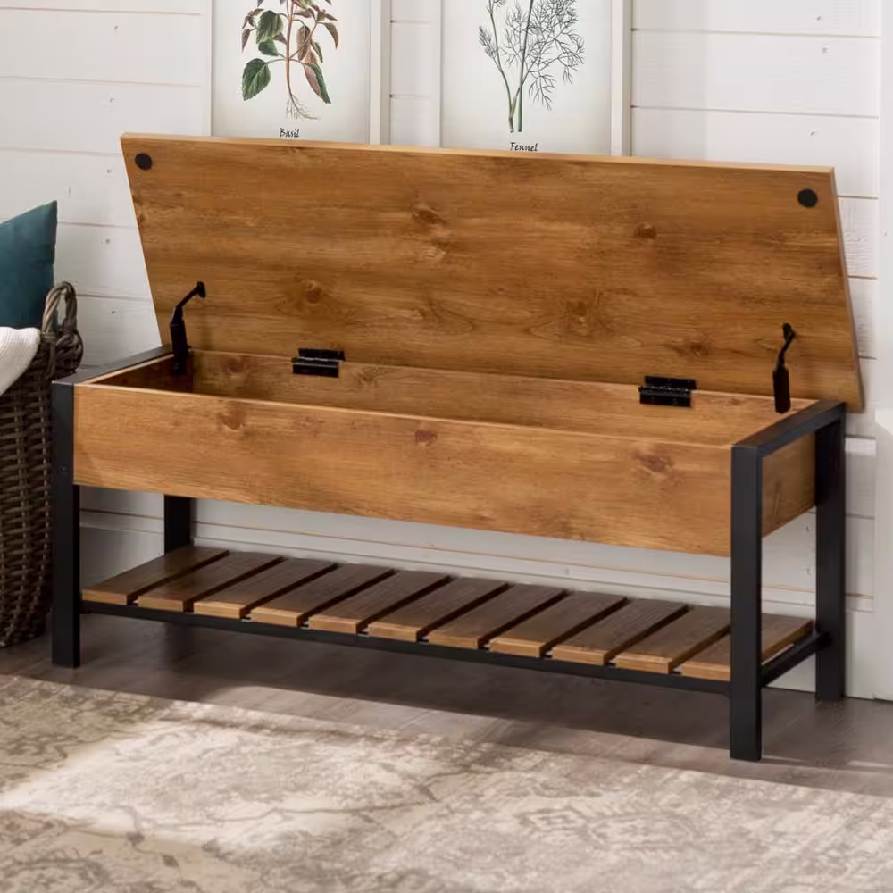 Walker Edison Furniture Company 48 in. Barnwood Open-Top Storage Bench with Shoe Shelf