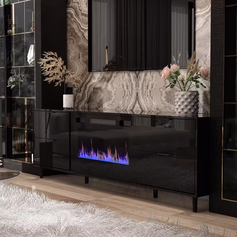 None 70.8 in. W Electric Fireplace TV Stand Entertainment Center Media Console in Black With 4 Drawers Fits TV Up to 80 in.