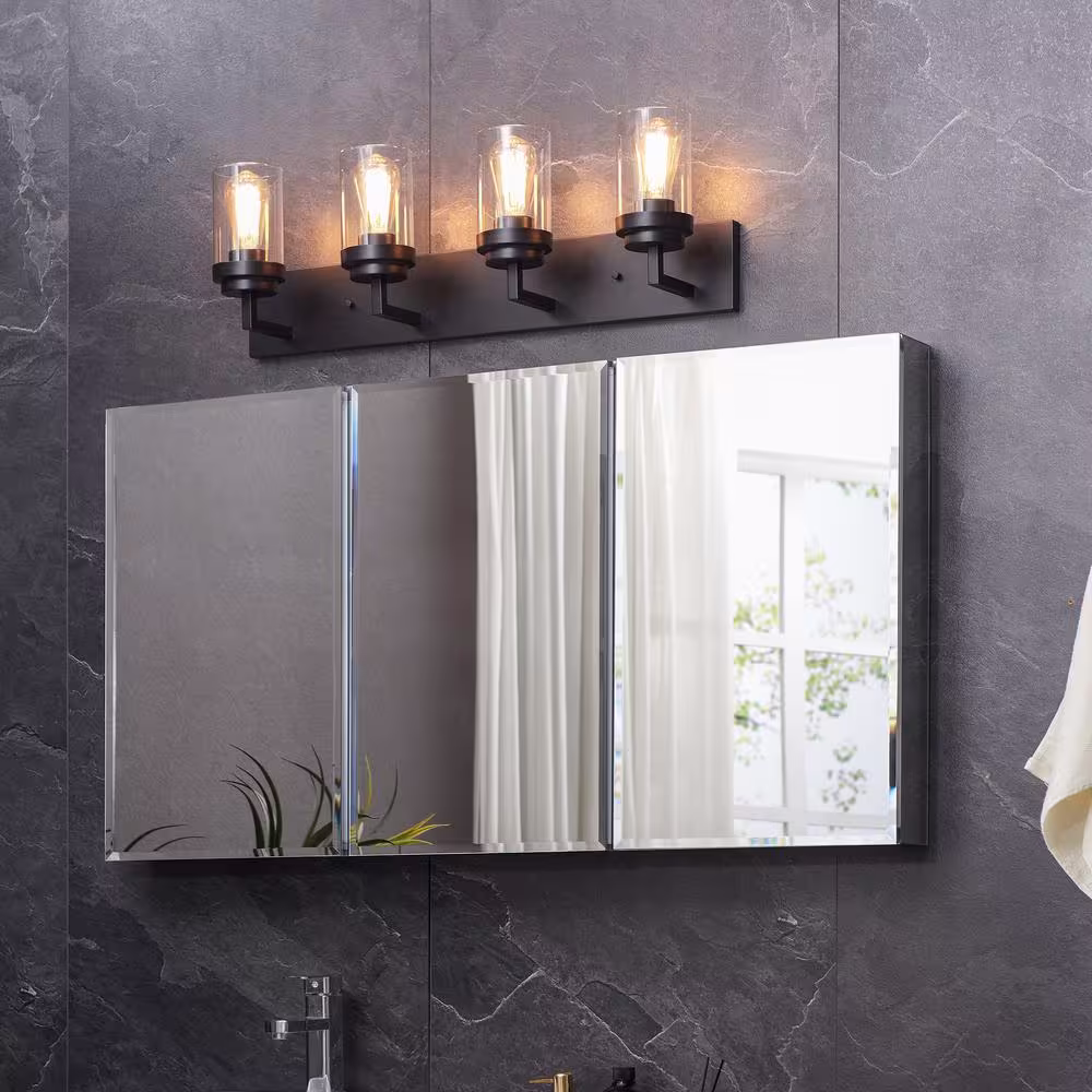 KAWOTI 30 in. 4-Light Black Vanity Light with Clear Glass Shade