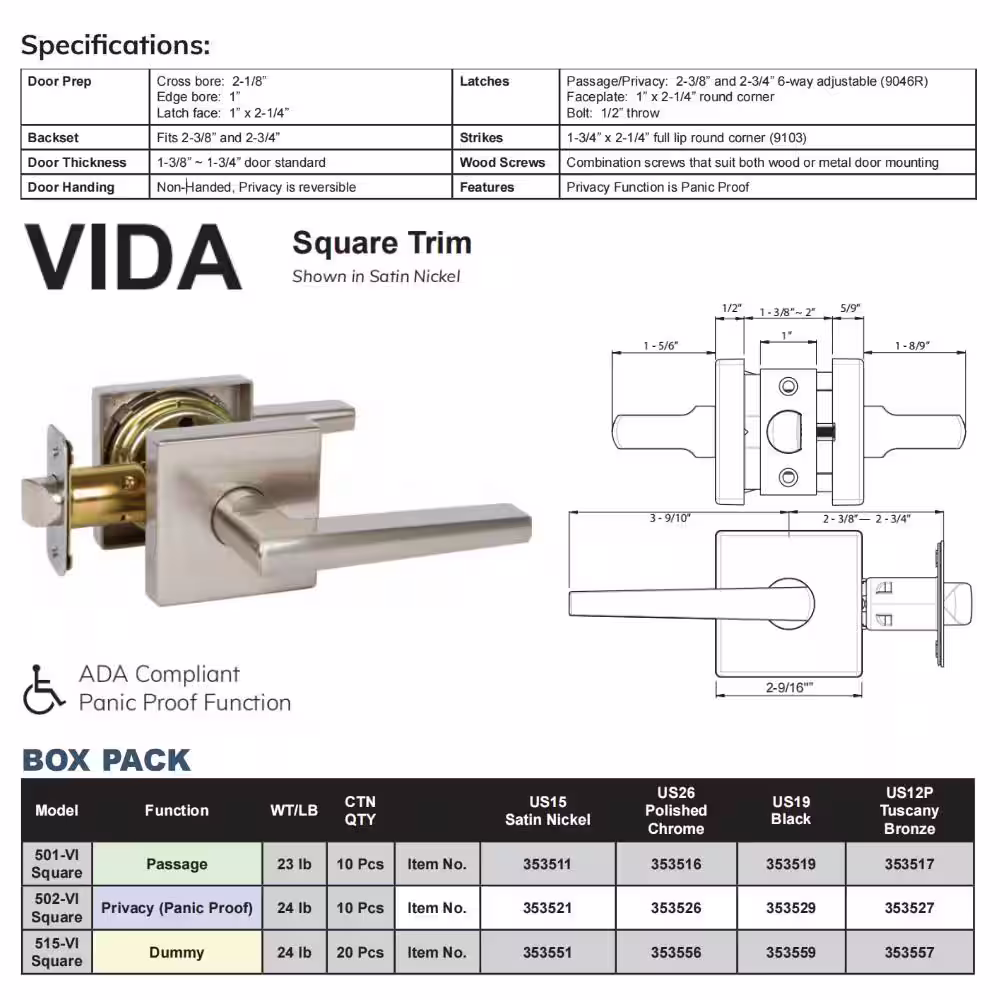 None Black Vida Hall/Closet Door Lever with Square Backplate