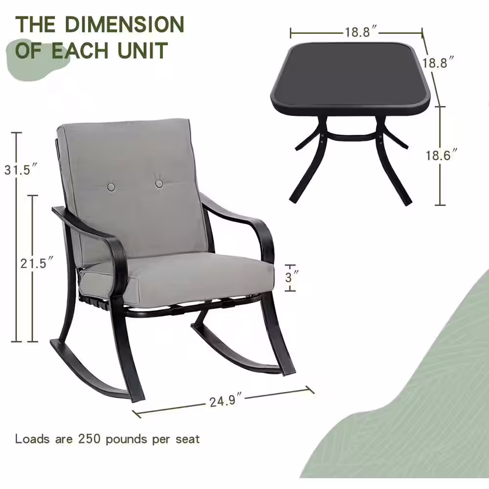 None 3-Piece Metal Outdoor Bistro Set Rocking Chairs with Gray Cushions