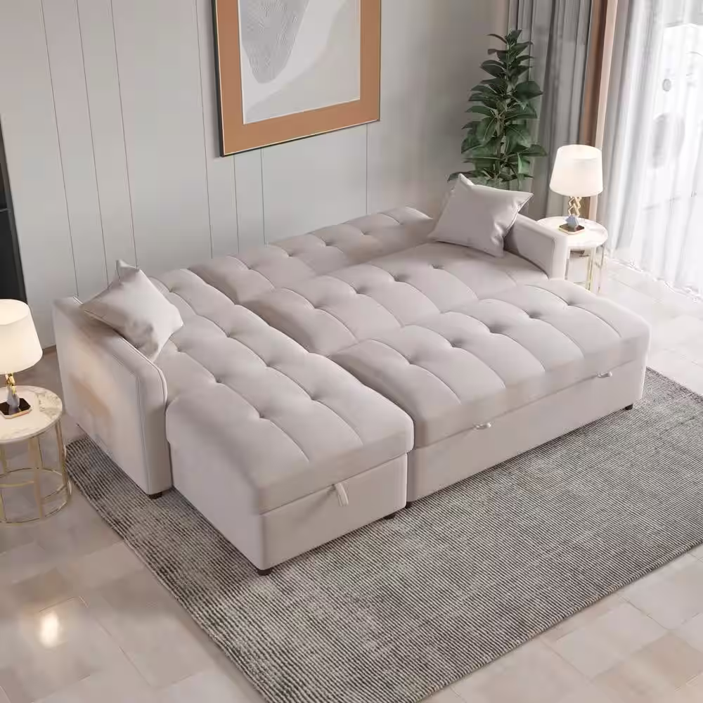 J&E Home 81.9 in. W Light Gray Cotton Queen Size Reversible Pull out Sleeper 4 Seats Sectional Storage Sofa Bed