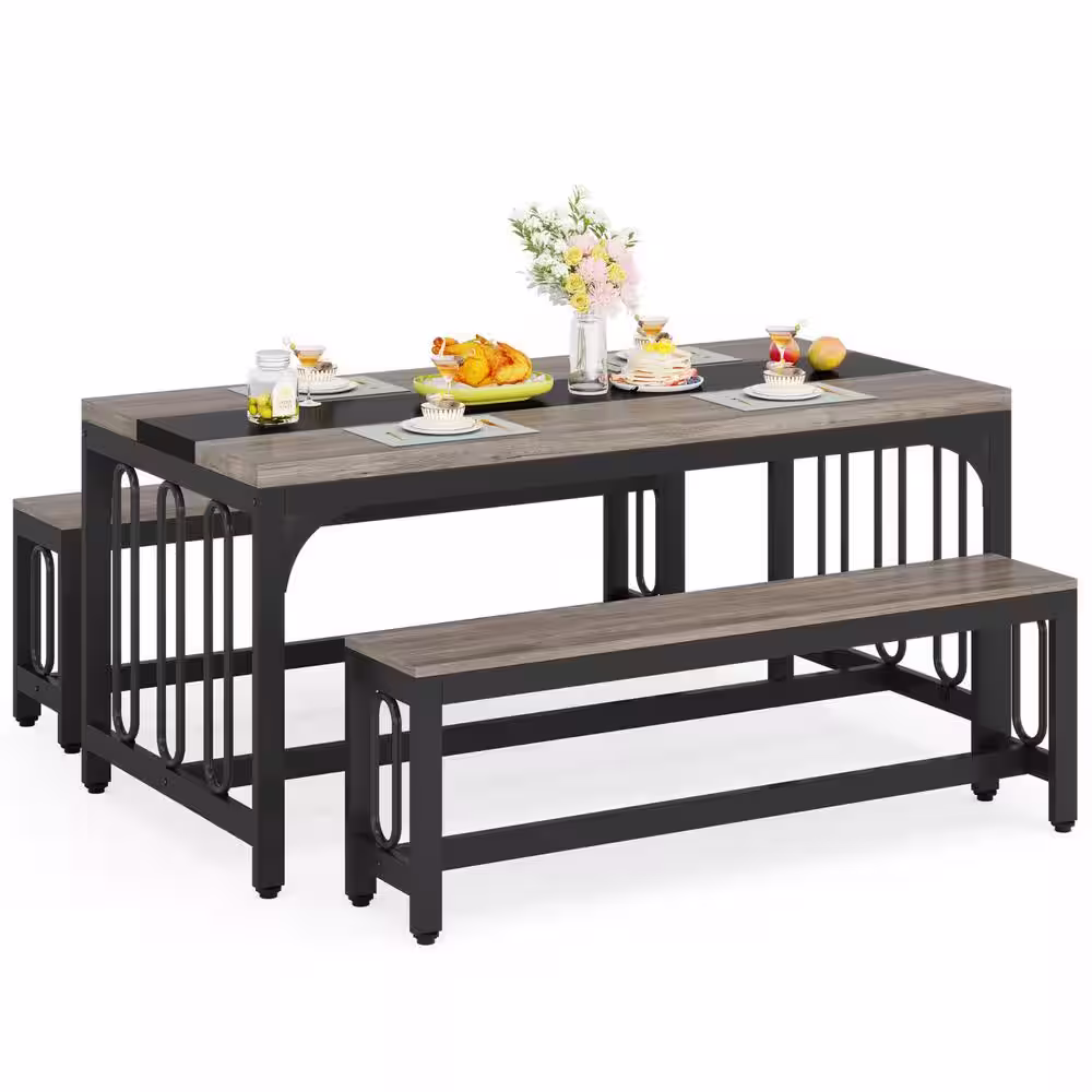 TRIBESIGNS WAY TO ORIGIN Alan 3-Piece Gray Wood Dining Table Set with Bench Seats 4-6