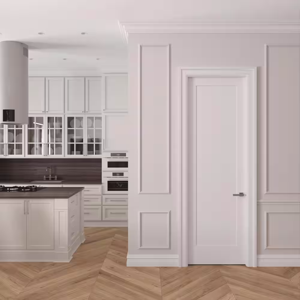 RESO 36 In.  x 96 In. Right-Handed Solid Core Primed White Composite Single Pre-hung Interior Door Polished Nickel Hinges