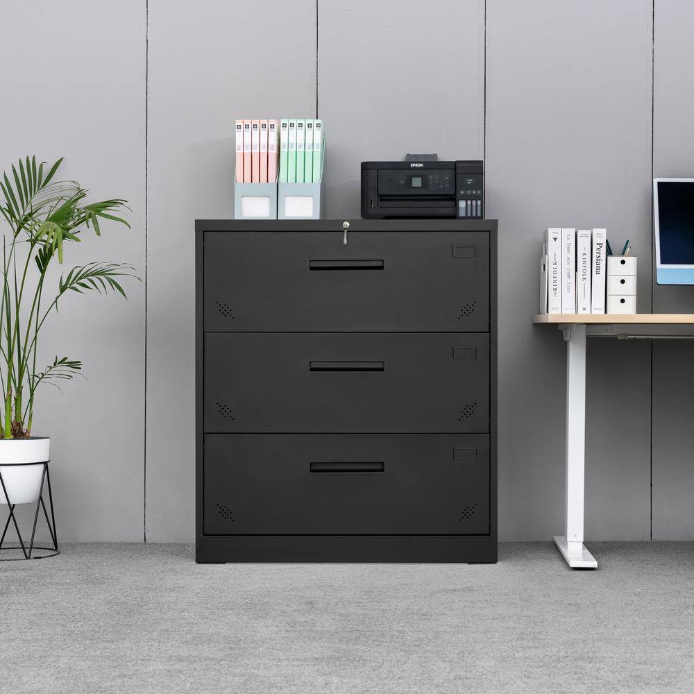None 3-Drawer Black 40.16 in. H x 35.43 in. W x 17.72 in. D Metal Lateral File Cabinet Drawer Locked by Keys